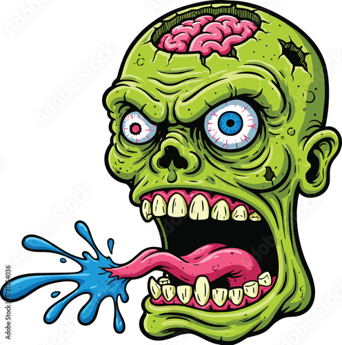 Colorful screaming cartoon zombie head vector, grotesque horror illustration with exposed brain and drooling tongue, detailed isolated graphic for Halloween design