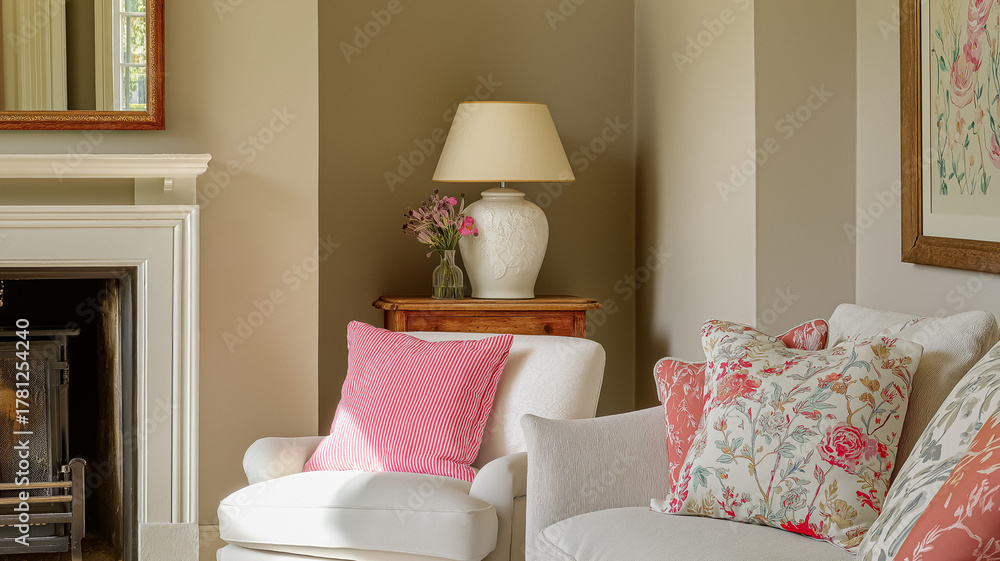 Naklejka premium Cozy traditional living room interior with fireplace, lamp, and sofa featuring vibrant floral and striped cushions