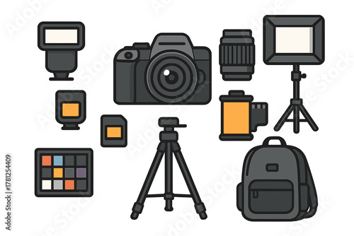 Professional photography gear set with camera, lens, lighting, and tripod