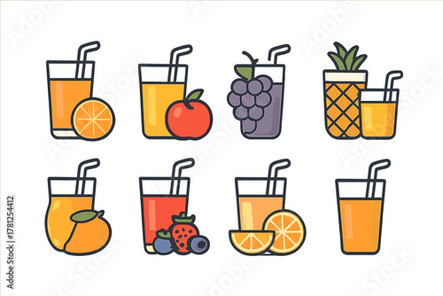 Refreshing fruit beverages served in glasses with straws and fresh fruits assortment