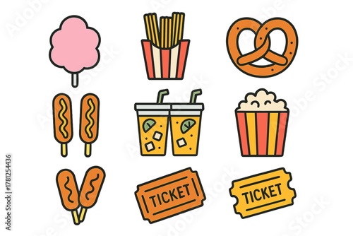 Collection of popular concession stand snacks and drinks for cinema or amusement park