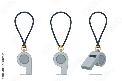 Classic gray metal whistles hanging from black lanyards for safety and sports equipment