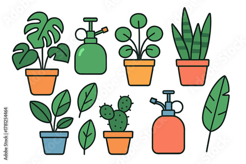 Collection of potted indoor houseplants and gardening spray bottles