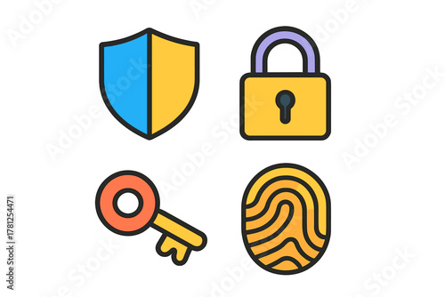 Digital security symbols set with shield, padlock, key, and fingerprint scan