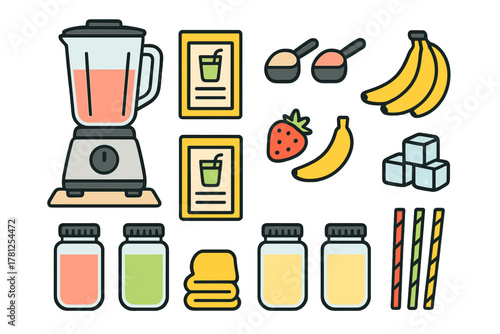 Set of kitchen tools and fresh ingredients for making healthy smoothies and protein shakes