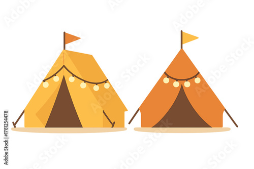 Stylized camping tents in warm orange and yellow colors with festive string lights and flags