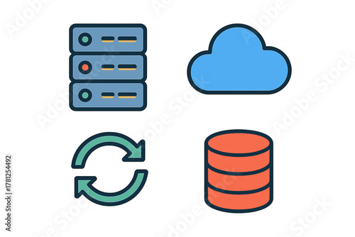 Four essential data and network technology symbols: server rack, cloud, database, synchronization