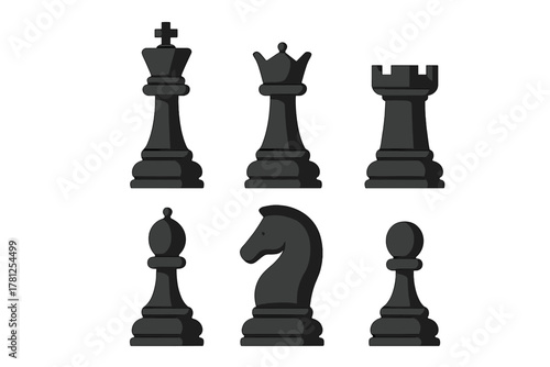 Black chess pieces set including king queen rook bishop knight and pawn isolated on white