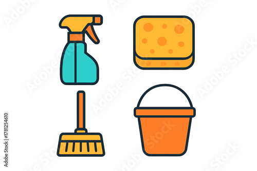 Set of essential household cleaning supplies and equipment for domestic chores
