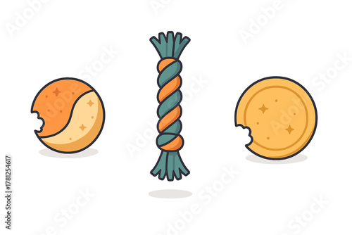 Assortment of colorful pet play items featuring a twisted rope toy and two round bitten treats