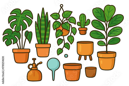 Assortment of trendy potted indoor plants and essential gardening tools on a white background