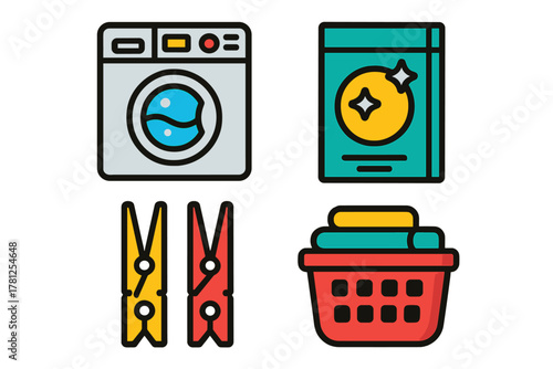 Colorful icons set of laundry essentials: washing machine, detergent, clothespins, and clothes basket