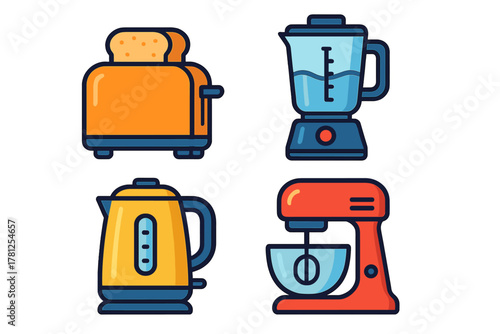 Set of essential kitchen appliances including toaster, blender, electric kettle, and stand mixer