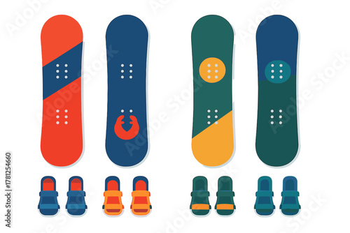 Four colorful snowboards and matching bindings set for winter sports equipment