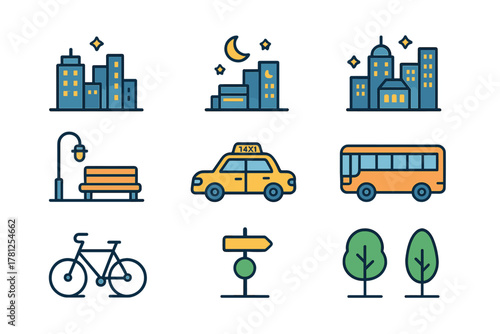 Set of colorful urban life icons representing skyscrapers public transport park bench and trees