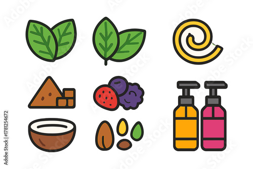 Set of natural ingredients and cosmetic product icons including leaves berries nuts and bottles