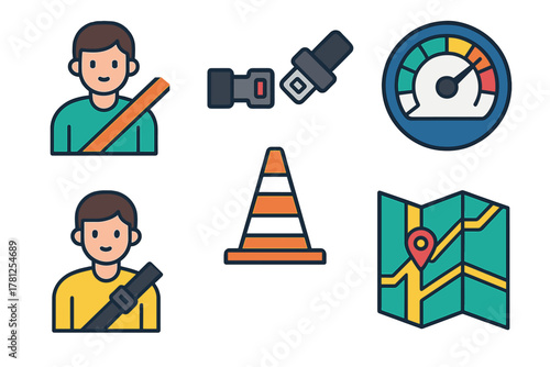 Collection of transportation and road safety icons including seatbelt, driver, speedometer, traffic cone, and navigation map