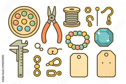 Jewelry making tools and components set including pliers beads thread spool clasps and tags