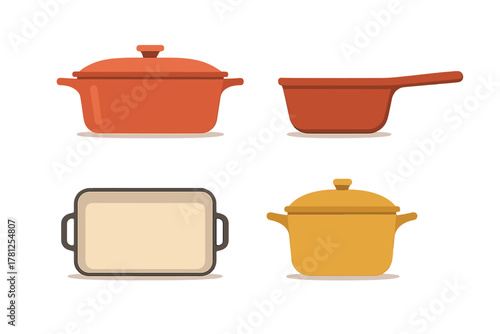 Collection of various kitchen cooking pots, pans, and casserole dishes in warm colors