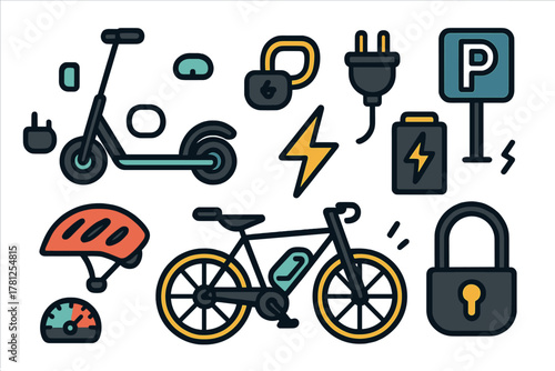 Electric mobility symbols set featuring scooter bicycle charging battery and safety