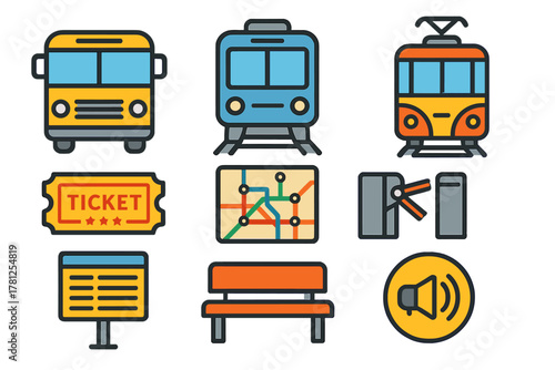 Set of essential public transportation and urban travel icons featuring vehicles and station elements