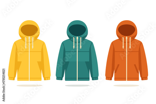 Collection of three brightly colored hooded outerwear garments featuring zippers