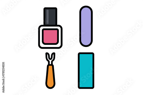 Set of essential manicure tools including nail polish bottle and cuticle pusher