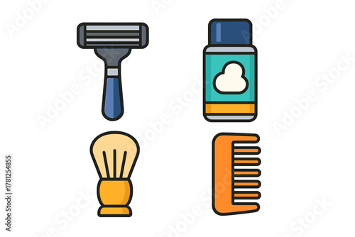Essential grooming tools set featuring a safety razor, shaving cream, brush, and hair comb for personal hygiene