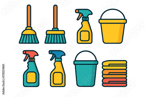 Set of essential household cleaning supplies including brooms, buckets, spray bottles, and towels