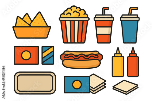 Popcorn, hot dogs, nachos, and soda drinks served as classic movie theater concession snacks