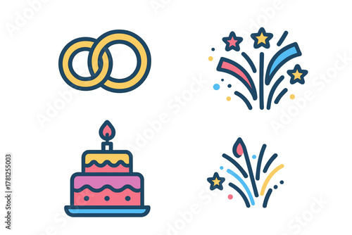 Colorful event and party icons set featuring wedding rings, tiered cake, and festive fireworks