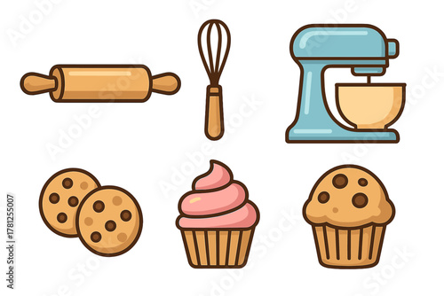 Essential baking tools and sweet desserts set featuring mixer, whisk, and baked goods