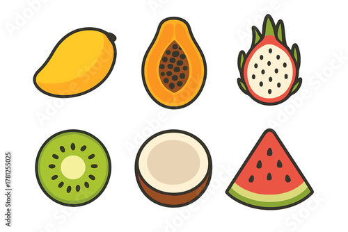 Colorful set of fresh tropical and exotic fruits including mango papaya kiwi and watermelon