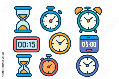 Colorful time management icons set featuring clocks, timers, stopwatches, and hourglasses