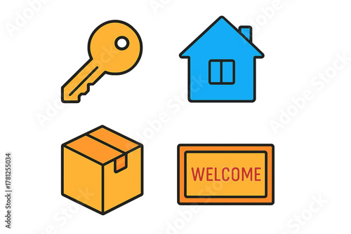 Set of colorful symbols for real estate, property management, moving, and delivery