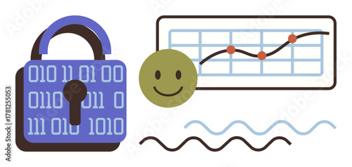 Padlock with binary code, growth chart with upward trendline, happy face, and waves. Ideal for cybersecurity, data privacy, analytics, growth positivity digital transformation technology. Simple