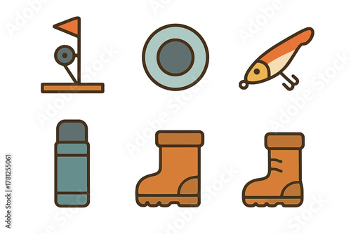 Essential gear for outdoor activities and camping including boots, thermos, lure, and flag marker