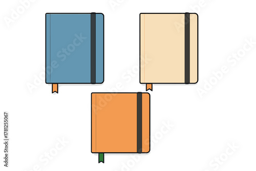 Set of three colorful closed notebooks with elastic bands and ribbon bookmarks