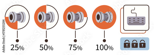 Circular loading dials showing progress from 25 to 100, with locked padlocks and a digital keypad. Ideal for progress tracking, security, access control, user authentication, loading, technology