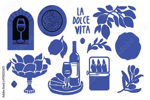 Blue toned illustration featuring italian elements like wine citrus and art