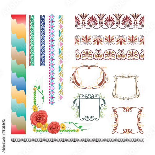 Collection of ornate vintage borders and floral design elements showcased