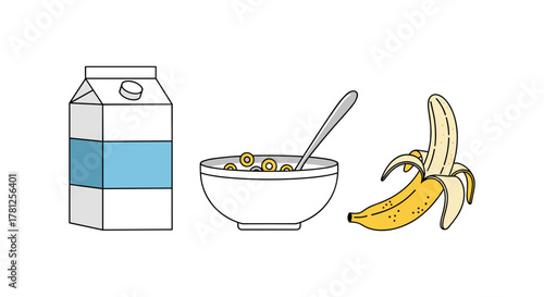 Breakfast trio: cereal bowl, milk carton, and banana in minimalist design