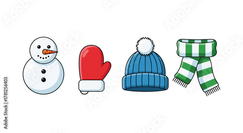 Cartoon winter essentials: snowman, mittens, beanie, and scarf