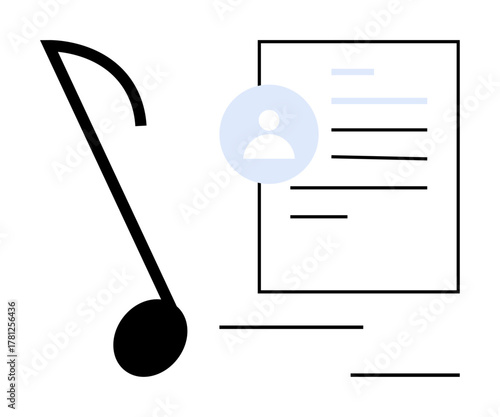 Musical note and document with user profile icon. Ideal for music creation, licensing, content sharing, copyright, audio files, creative industries, and digital platforms. Simple flat metaphor