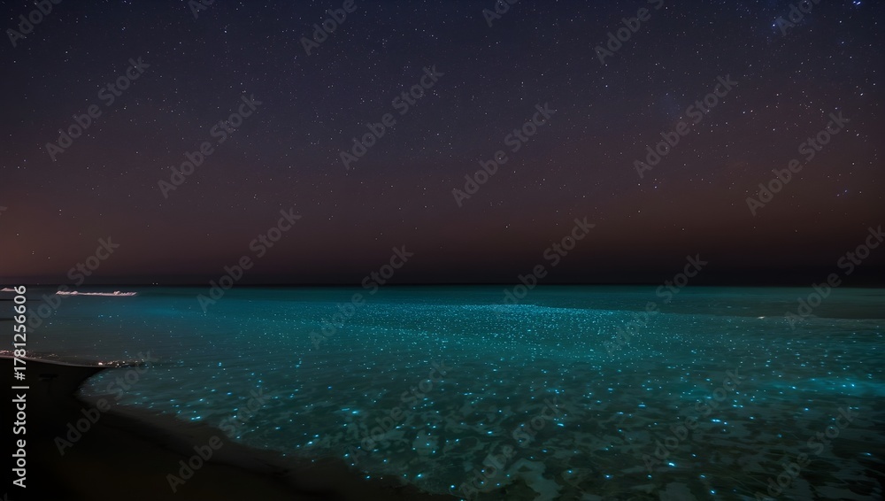 Fototapeta premium Bioluminescent Beach Under Starry Night Sky