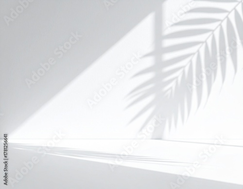 Minimalist empty studio with bright natural light and palm leaf shadows