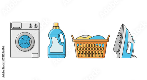 Household laundry essentials in modern flat design
