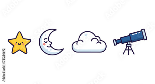 Cute celestial icons with star, moon, cloud, and telescope in flat style