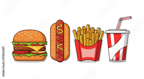 Fast food favorites: burger, hot dog, fries, and drink in colorful cartoons