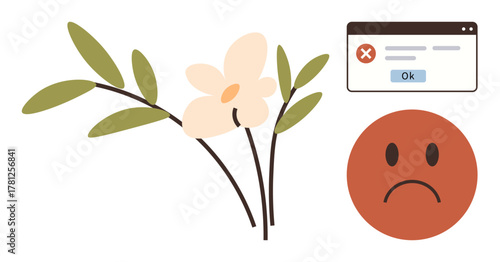 Flowering branch near a computer error window and sad face. Ideal for nature, technology, frustration, loss, hope, failure, and emotion themes. Simple flat metaphor